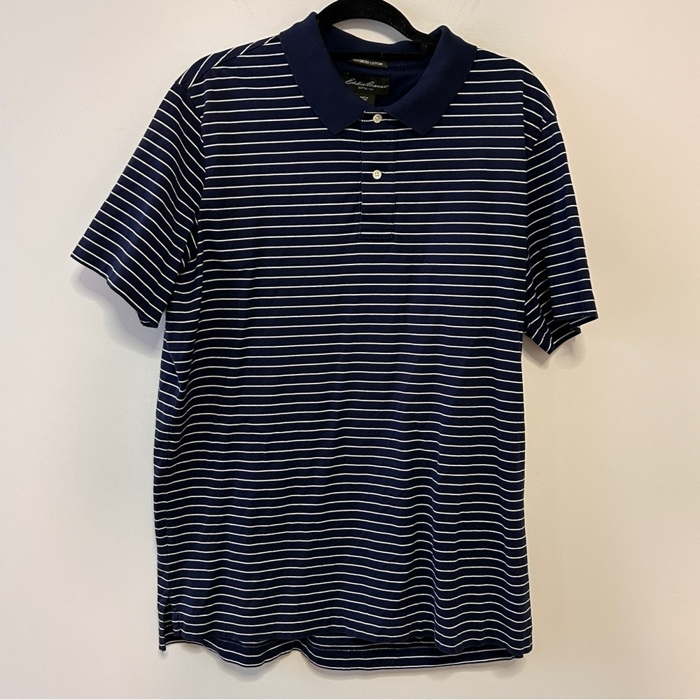 Eddie Bauer Mens XLT (Tall) Navy White Striped Polo Shirt  Cotton Summer
